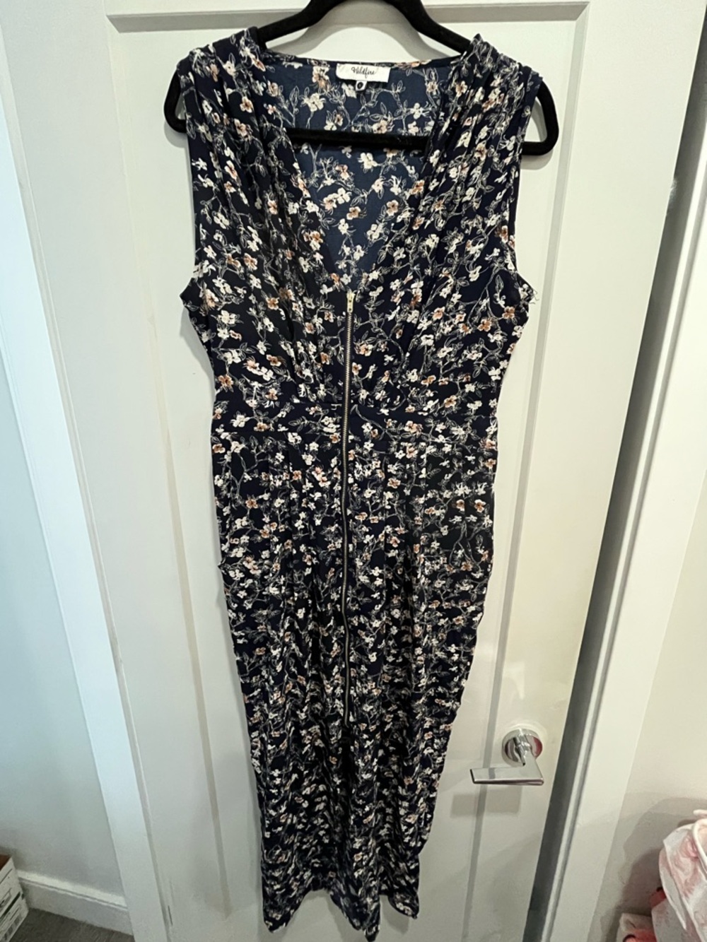 Sleeveless Navy Floral Zip-Front Midi Dress